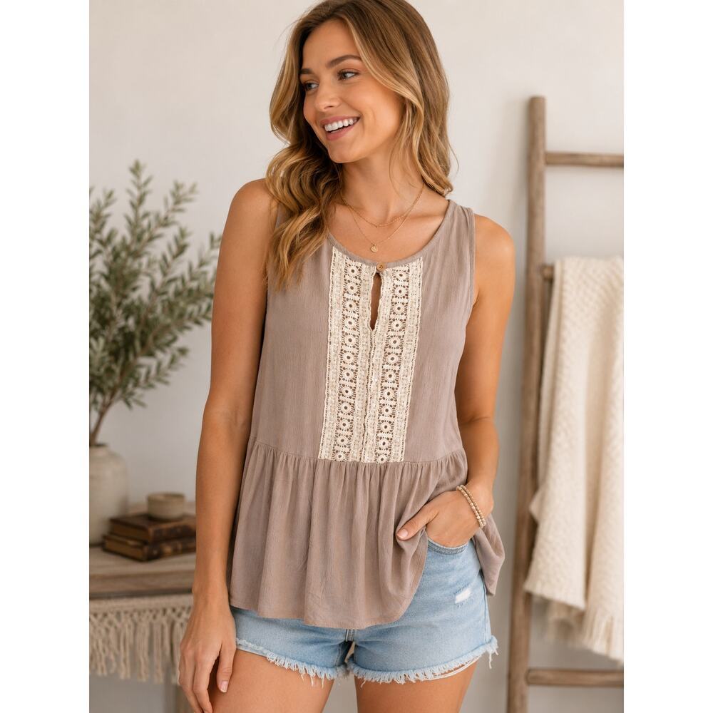 Boho Taupe Lace Trim Sleeveless Babydoll Tank Top Size Small